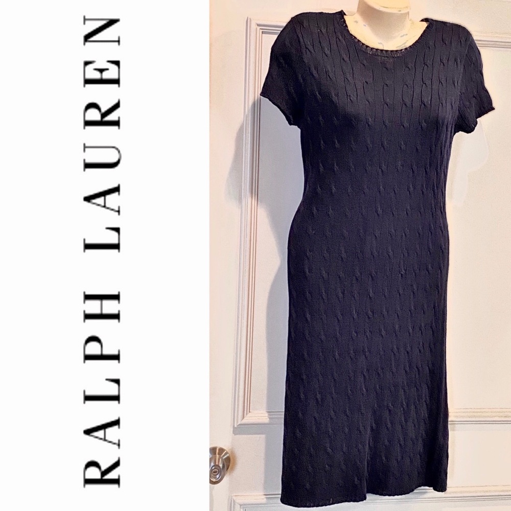 RALPH LAUREN Black Lable navy linen/ silk cable knit sweater dress